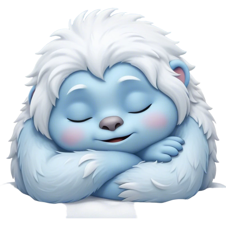 Meme-Worthy Cute Sleeping Yeti Portrait Emoji, with a charming, fluffy, snow-dusted figure in gentle whites and cool blues, head resting in blissful, serene slumber with closed, peaceful eyes and a small, contented smile, simplified yet irresistibly adorable, highly detailed with a soft frosty outline that captures the tender drowsiness of a yeti drifting into snowy dreams! emoji