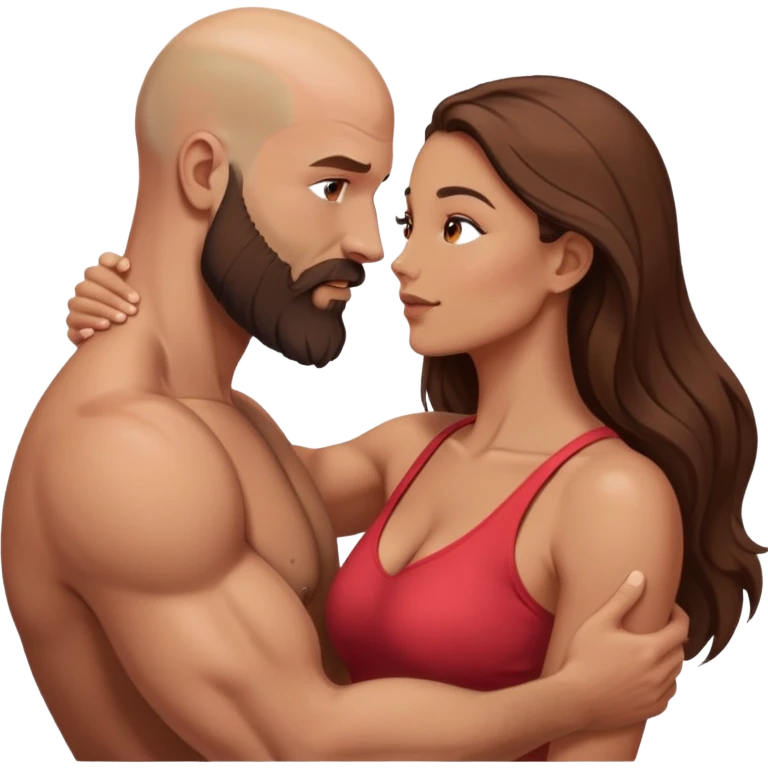 intimate moment between lovers muscular bald man brown beard, beautiful long hair woman emoji