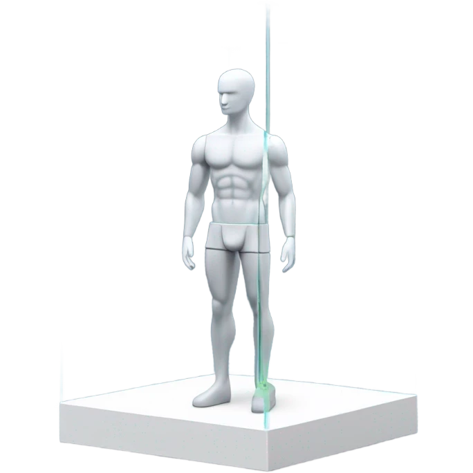male mannequin abs cubes inside a glass cube on a stand isometric view emoji