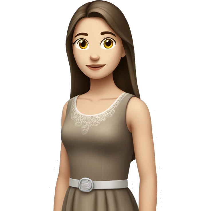 Beautiful teenage girl with white skin and long straight brown hair and brown eyes in a classic dress. emoji