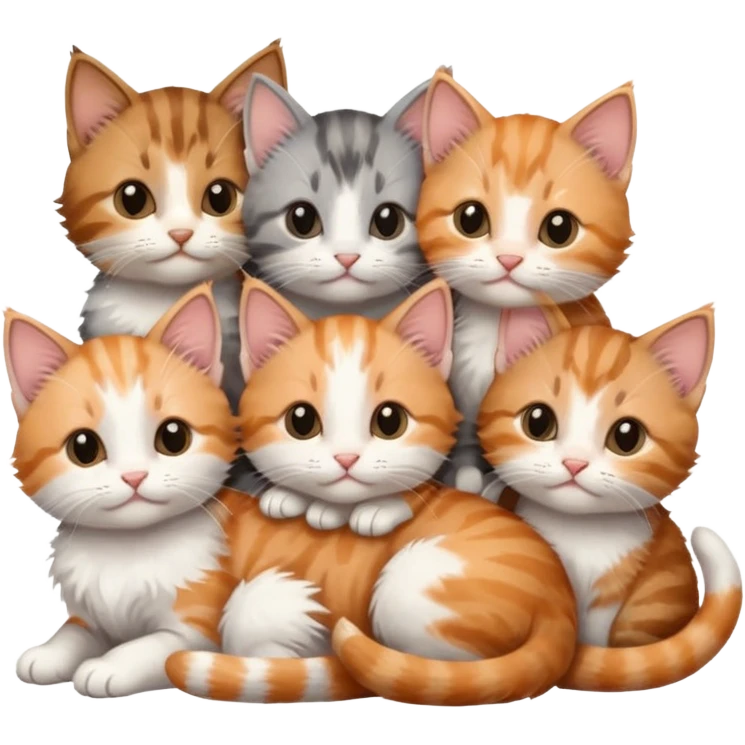 6 tiny kittens cuddling together all various different natural colours including grey and white, ginger and white, calico, grey, and brown tabby and white emoji