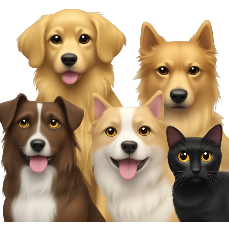 Yellow dog with black and Marron dog and 2 cats one marron and one white with lot of hairs  emoji
