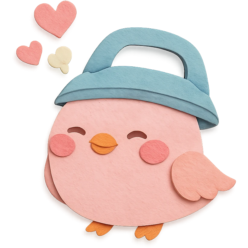 chibi electric iron-bird hybrid, puffing steam hearts, blushing, soft pastel pink, full-body emoji