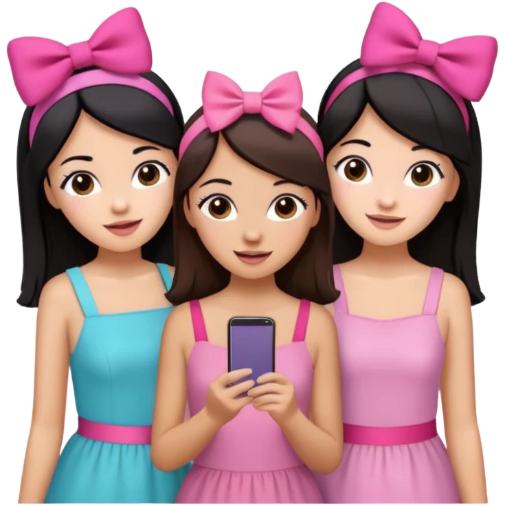 3 brown friends having fun, one with black hair, 2 with brown hair, girly style emoji