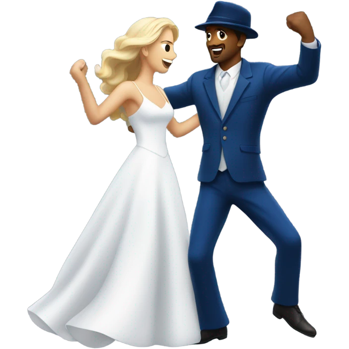 Puerto rican beard short hair with blue hat and navy blue suit first dance with blond long hair girl with white  wedding dress  emoji