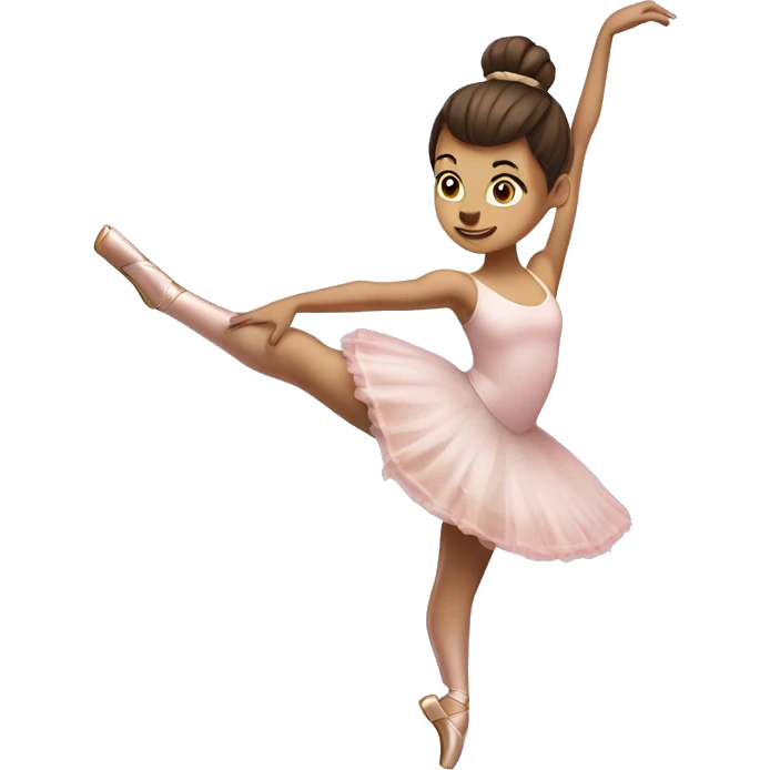 Ballerina with a brunette bun and pint shoes doing a 180 degree leap emoji