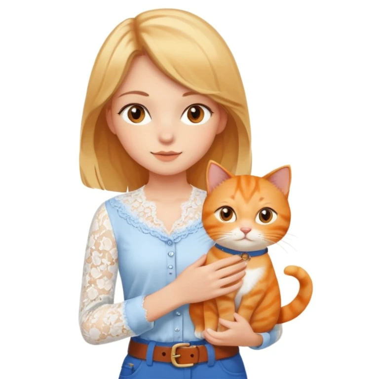 A very beautiful girl with honey-blond hair and kind eyes. She has medium-length hair, is wearing a white lace blouse, blue pants, and a brown belt, and is holding an orange cat.
 emoji