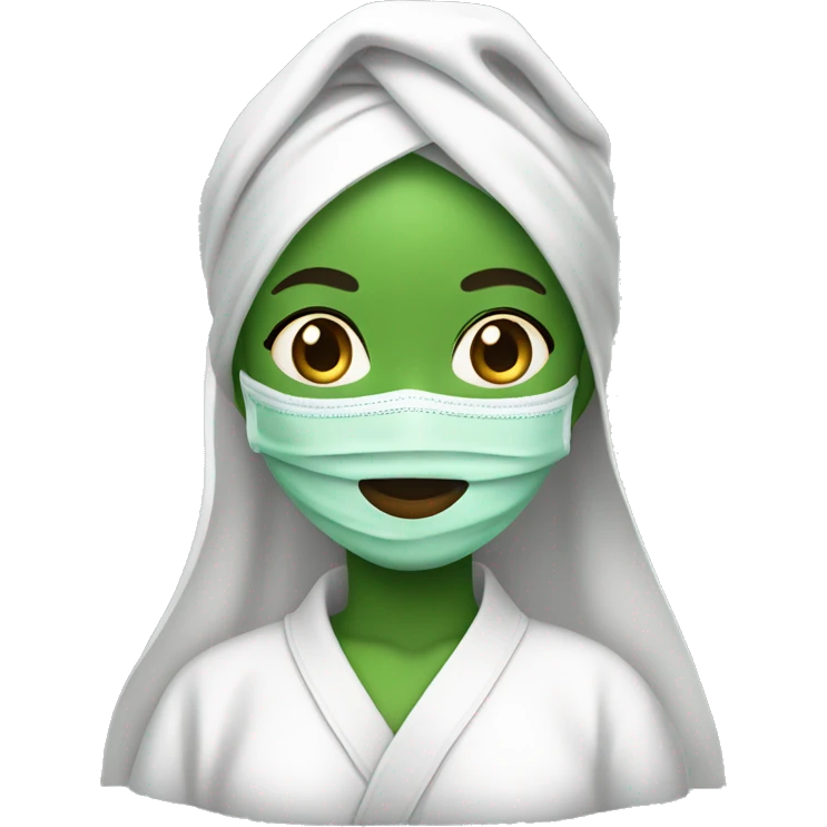 Girl with green face mask and a white robe and white towel on head emoji