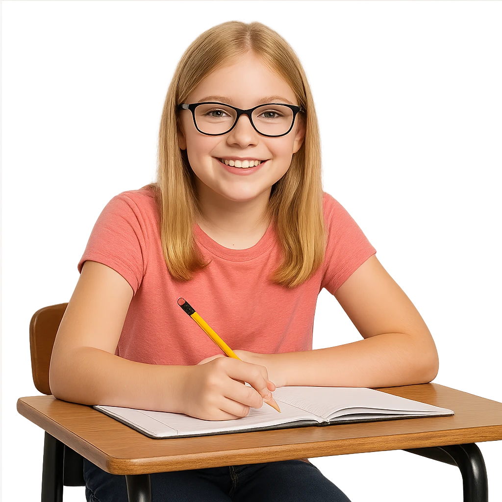 6th grade girl with blonde hair and glasses, sitting at a desk emoji
