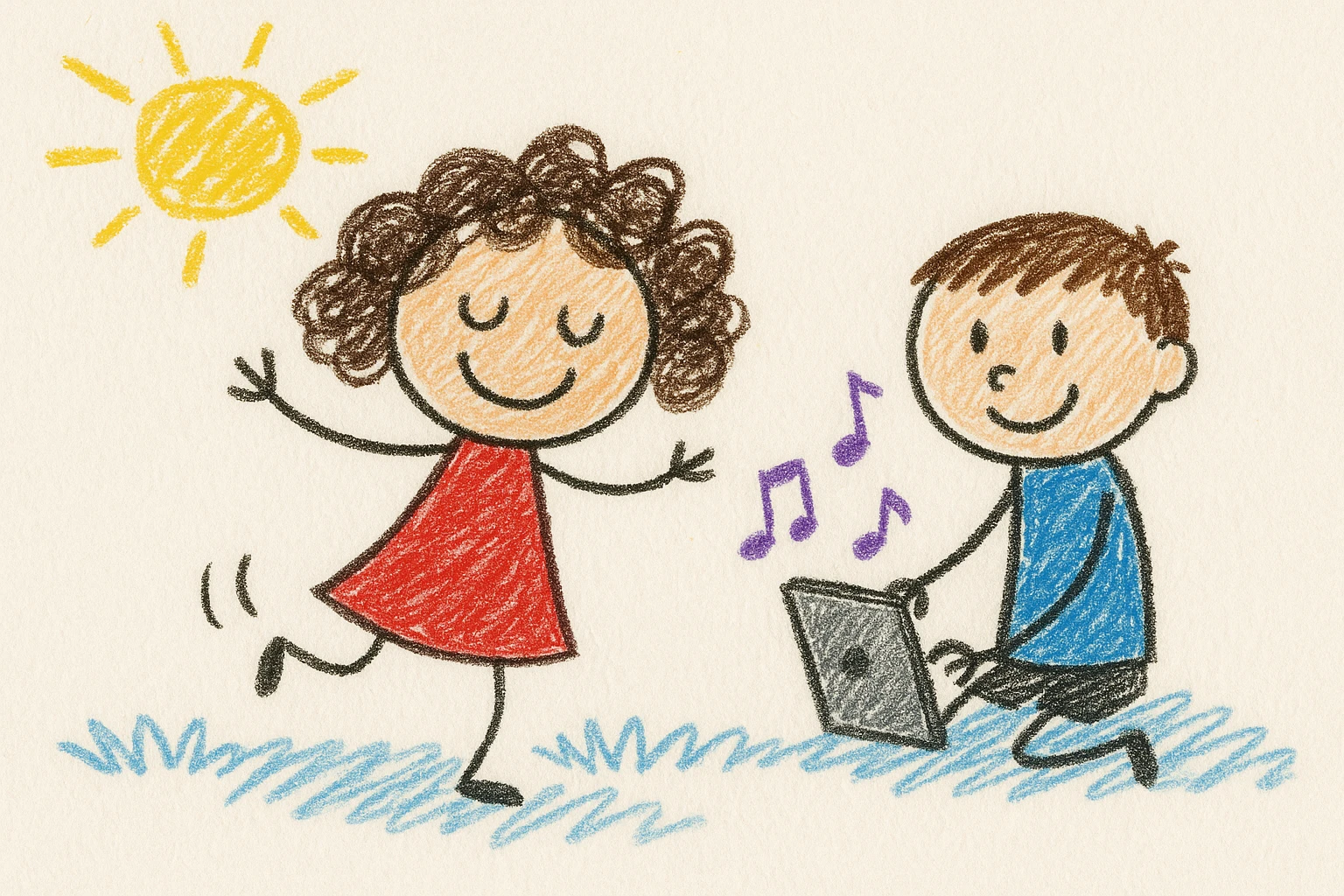 A 4-year-old girl with brown curly hair dancing while her 6-year-old brother plays music on an iPad, in children's doodle style emoji