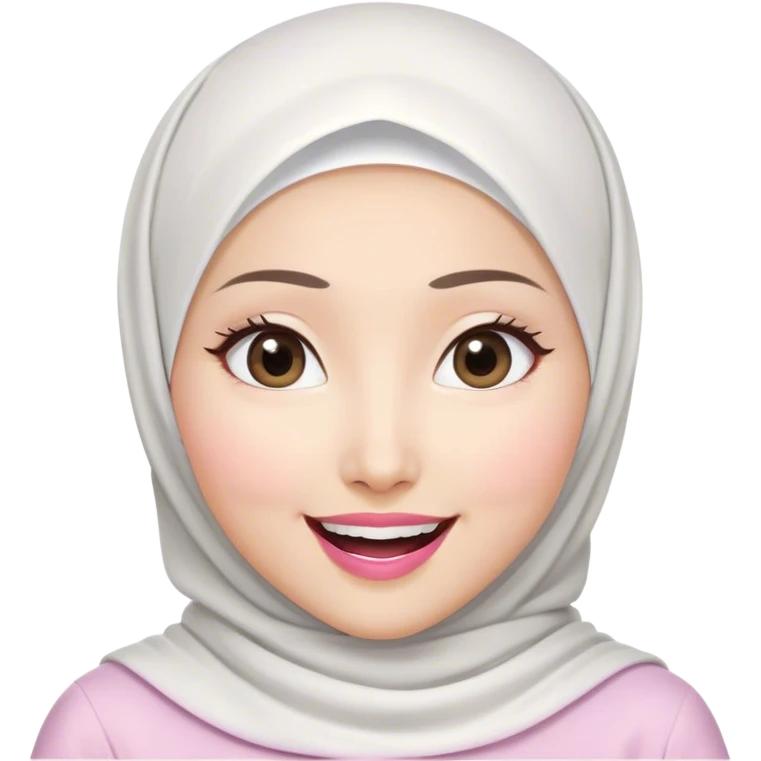 Asian white woman hijab, her hijab color are white, her face is small oval, her face is firm, her lips are pink, her eyes are shining, her face looks happy and excited, her eyes are also smiling, her outfit color are white emoji