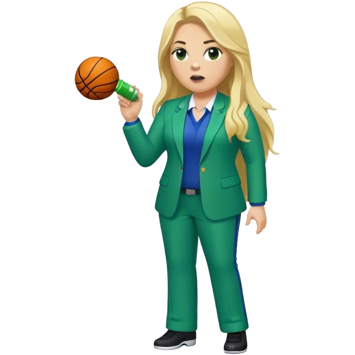 Full Body white plus size female basketball head coach using a whistle with long blonde hair in a blue and green suit emoji