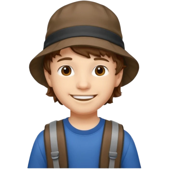 a young student boy with the backpack with bucket hat, brown wavy hair emoji