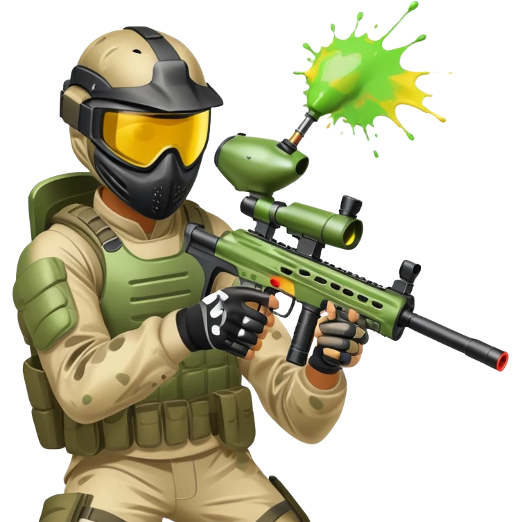 A paintball player in full gear, aiming a paintball gun with focus and determination. The scene includes vibrant splashes of paint and a dynamic battlefield setting, emphasizing action, strategy, and teamwork in a competitive environment emoji