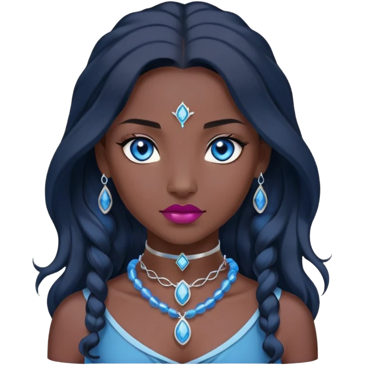 katara avatar native with blue eyes, dark skin, long wavy dark black hair, sapphire on choker necklace, dark pink neutral lipstick emoji