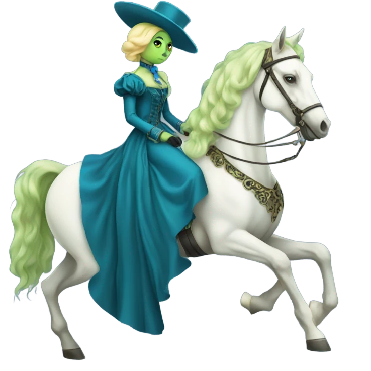 "galora green blonde alien woman" in blue Victorian dress elegant, full body, on white horse emoji