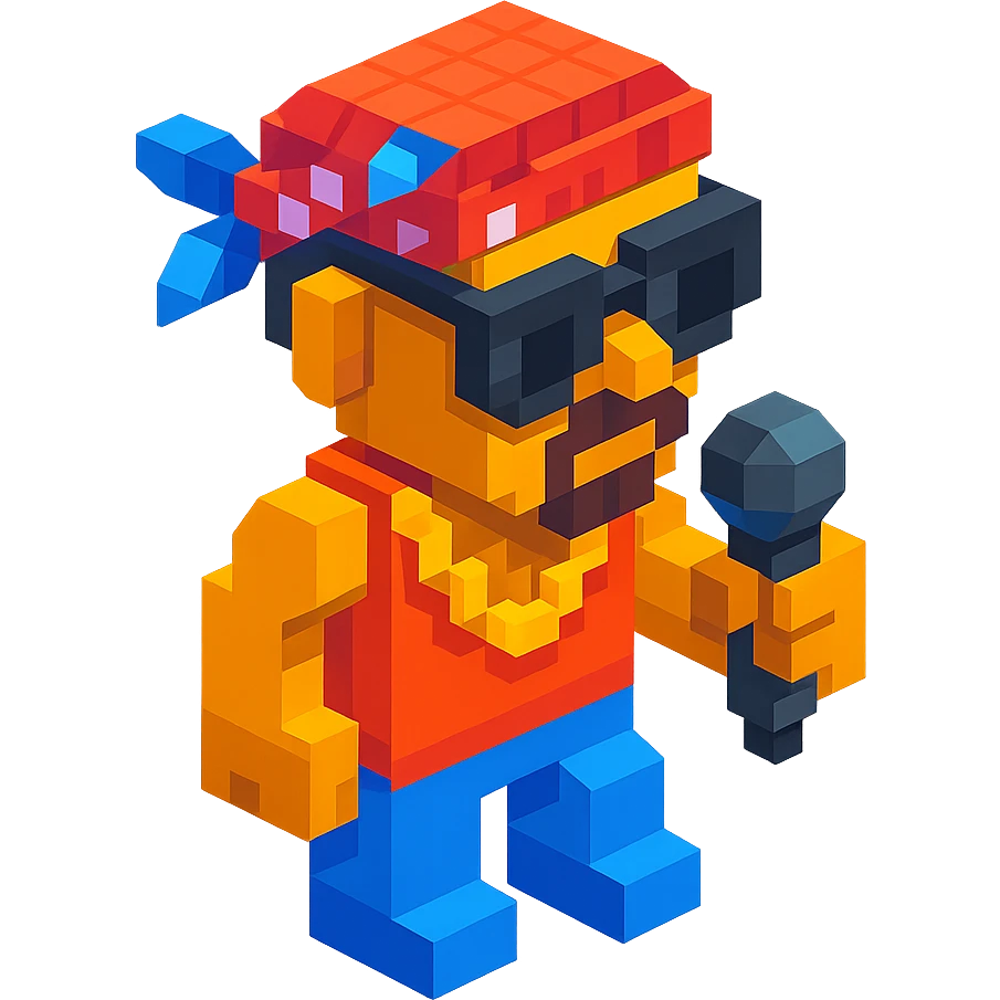 rapper inspired by 2Pac, wearing a bandana and sunglasses, holding a microphone, isometric view emoji