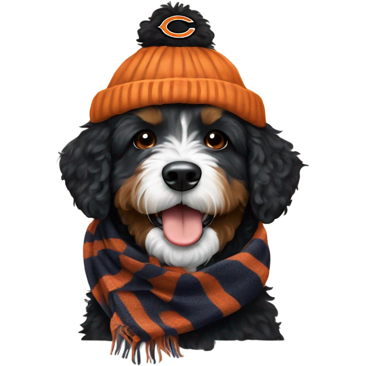 Bernedoodle with chicago bears hat and scarf emoji