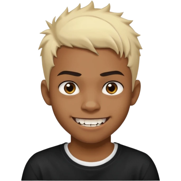 Black Male Teenager with Short punk messy blonde hair, Dark brown bushy eyebrows large expressive golden-brown eyes, wearing a plain white t-shirt, Dark Brown skin color. vampire tooth emoji