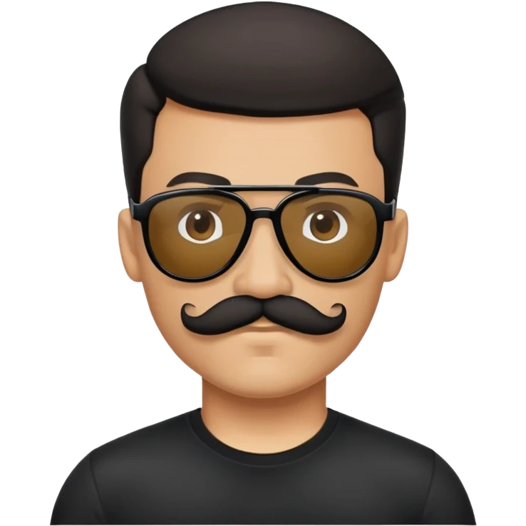 Man with handlebar moustache, black aviators, and a black T-Shirt emoji