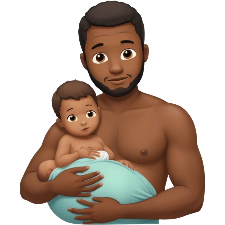 A shirtless pregnant burly black man breastfeeding his baby,  thd baby is suckling on his nipple emoji