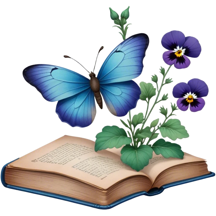 A vintage book with a worn blue cover, open to reveal pressed pansies and a resting green butterfly. emoji