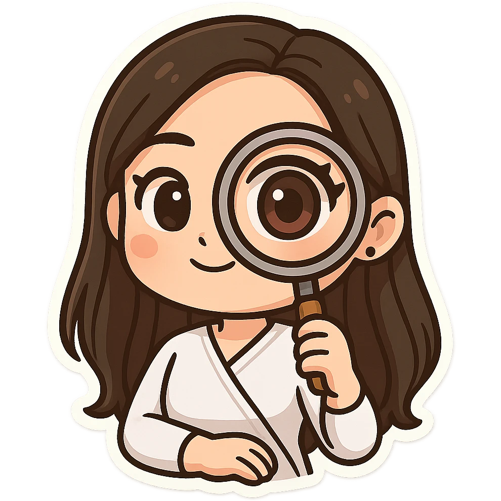 Create a chibi sticker of the girl from the previous successful bitmoji chibi stickers, looking at us through a magnifying glass, with part of her face and eye enlarged in the glass. She has long hair, the same face and style, with a white outline and transparent background. emoji