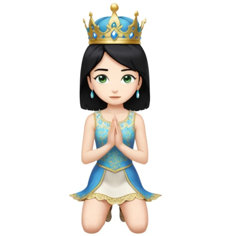 King, standing, black Hair, blue eyes, female Servoamt, blonde, green eyes, shott white sleveless Dress, kneeling, background palace emoji