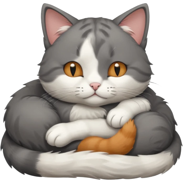 dark grey and white small cat with his eyes closed, leaning his head on his paw while leaning on his elbow lying down emoji