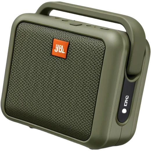 Minimalist JBL Go Clip 4 speaker with simple camouflage pattern, clean lines, iOS emoji style emoji