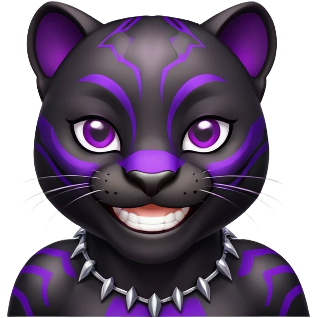 sleek black panther with bright purple eyes, laughing face emoji