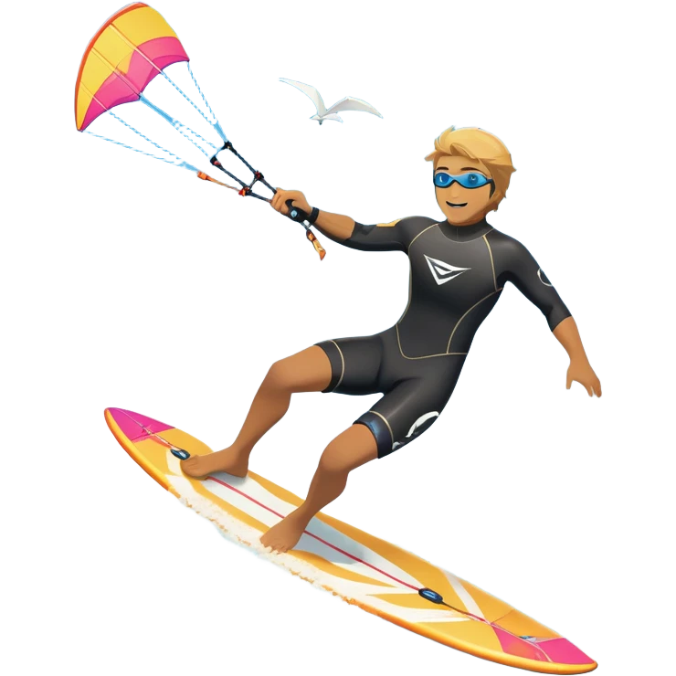 An athlete in a wetsuit riding a kiteboard, soaring over the sea waves with the kite high in the sky. The background features a vibrant blue sky and crashing ocean waves, capturing the thrill and freedom of kitesurfing in dynamic motion. emoji