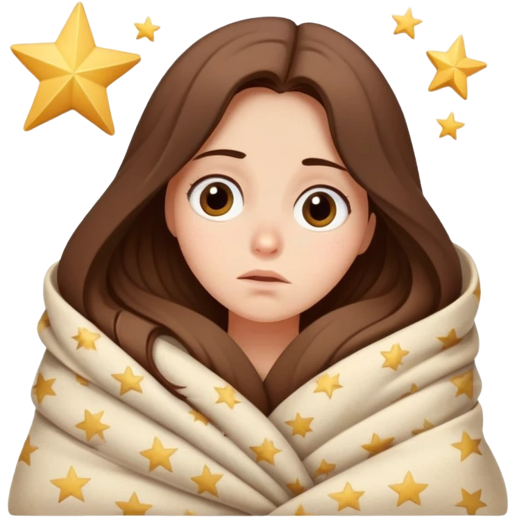 Sleepy girl with long brown hair wrapped like a burrito in a blanket, eyes half-open elegant stars  emoji