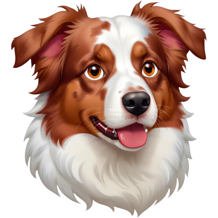 Cinematic Noble Predominantly White Red Merle Australian Shepherd Portrait Emoji, Poised and regal, with a strong, agile build and a stunning predominantly white coat with splashes of red merle, piercing blue eyes, Simplified yet sharp and sophisticated features, highly detailed, glowing with a soft, dignified glow, high shine, intelligent and loyal, stylized with an air of elegance, focused and attentive, soft glowing outline, capturing the essence of a watchful and confident herder, so majestic it feels as though it could step out of the screen with effortless authority! emoji