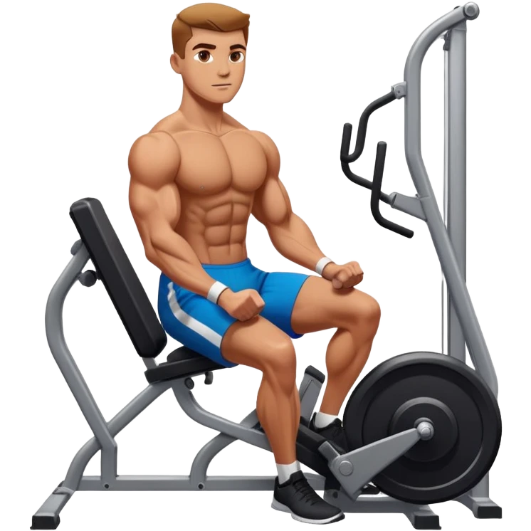 A focused athlete working out on a strength training machine in a modern gym. Muscles engaged, expression determined, demonstrating power and endurance. The gym is filled with equipment like dumbbells, barbells, and mirrors reflecting effort, creating a high-energy atmosphere. emoji