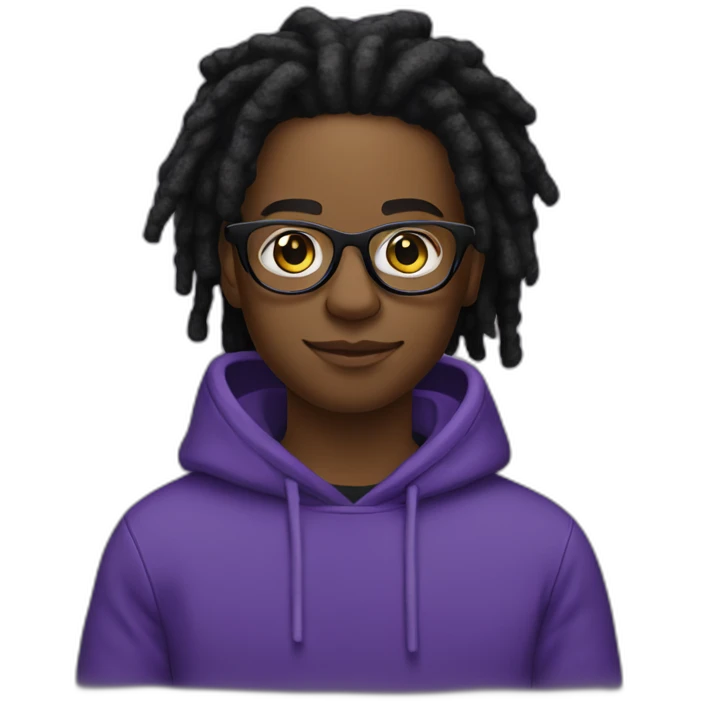Single young Black digital creator with glasses and black locs and purple sweatshirt emoji