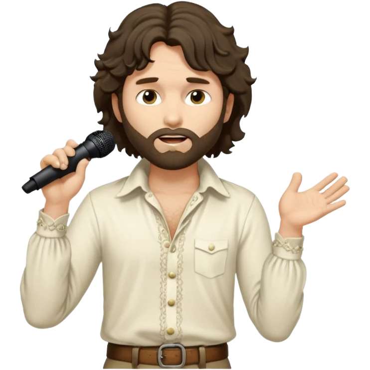 photo ultra realistic - unkempt, shaggy with big sideburns Jim Morrison in an ivory Victorian shirt, in an trance dramatic pose, sings on stage emoji