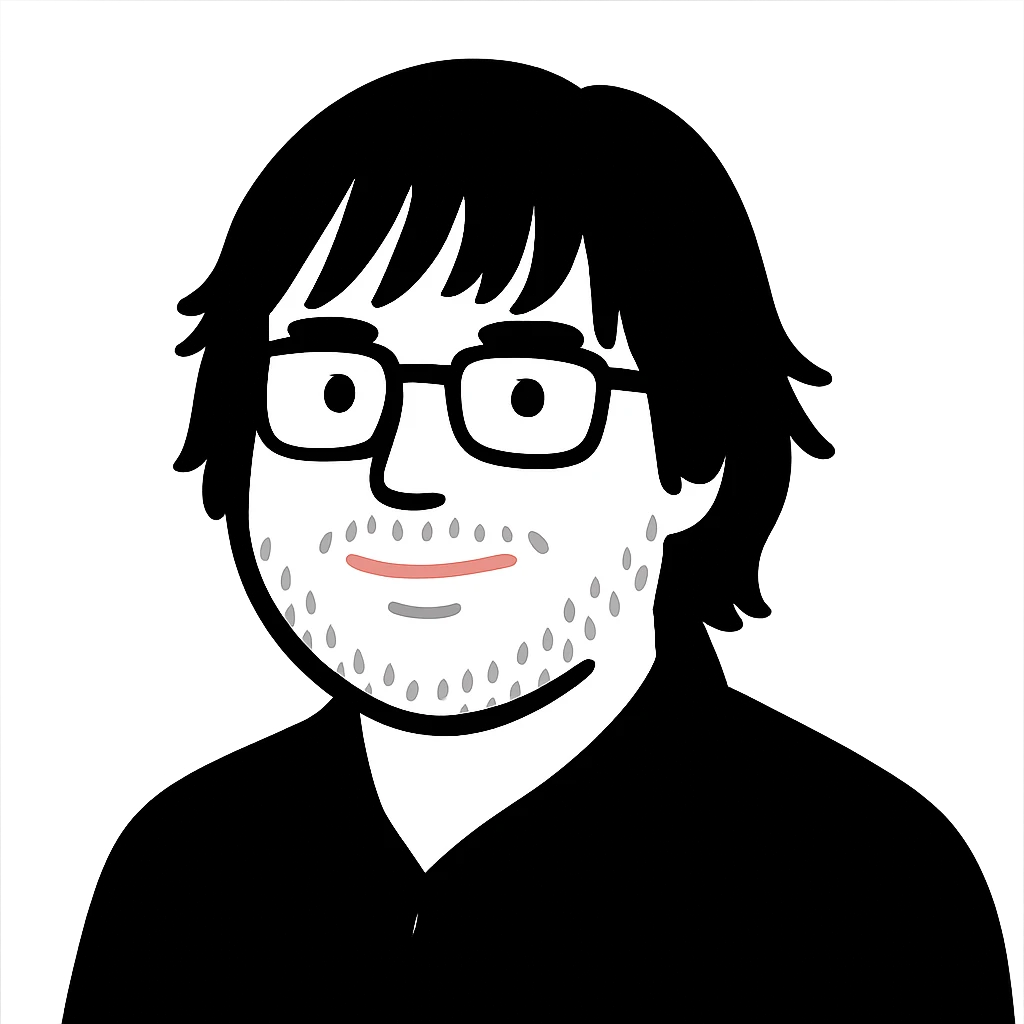 A gentle-looking man with rectangular glasses, longer shaggy hair with wispy bangs across the forehead, chubby round cheeks, a broad flat nose, and a light beard emoji