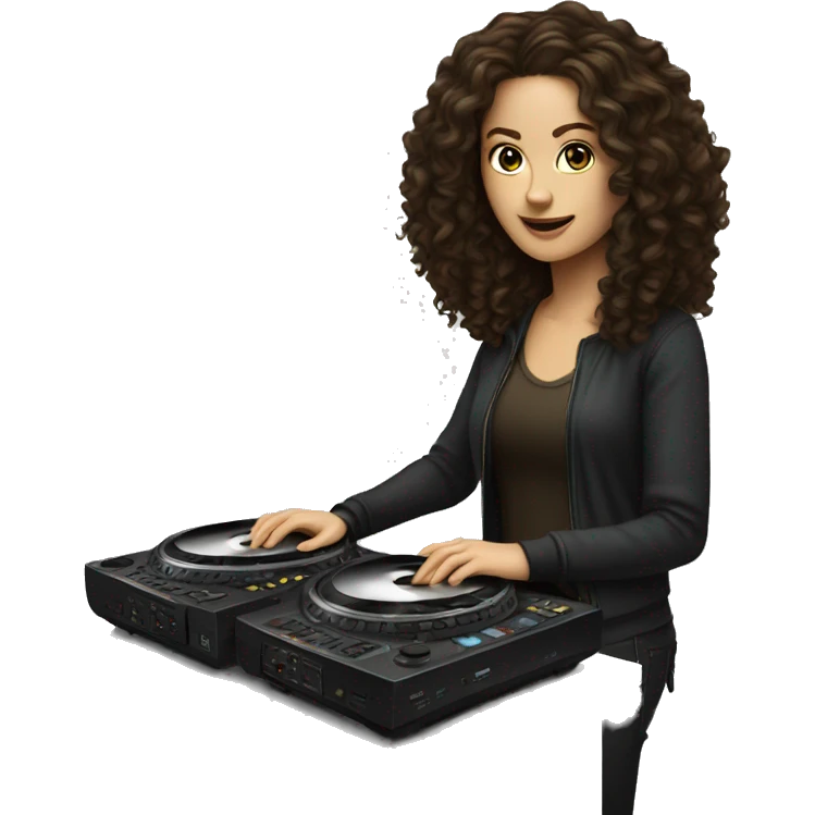 White woman with long dark brown curly hair DJing emoji