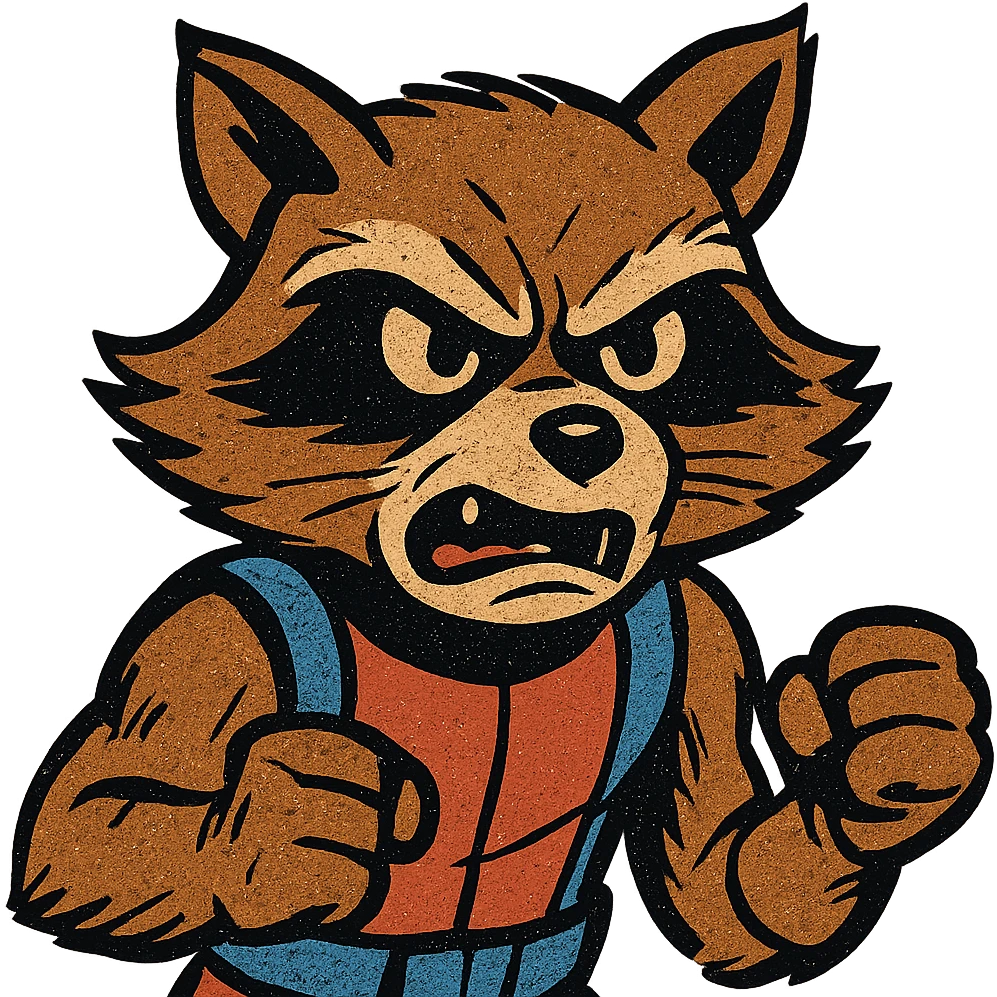 Rocket Raccoon in old school comic book style, looking angry, furrowed brows, clenched fists emoji