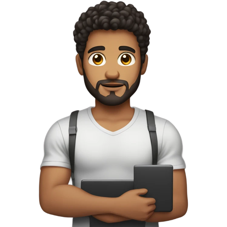 men holding his computer in hands. light brown skin men with curly black hair, dark brown eyes, little grown beard. little bit muscular. dressed casual. round face. emoji