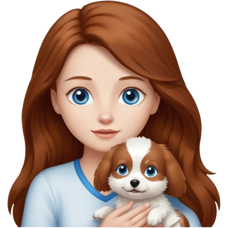 long hair chestnut color blue eyes woman holding small completely white dog emoji