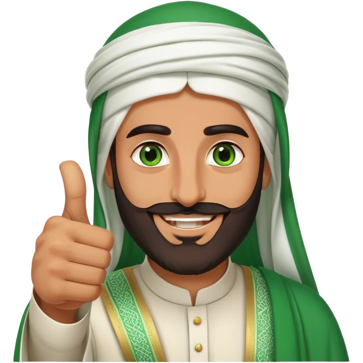 Tanned Arab Saudi man with green eyes and a beard, wearing traditional attire, smiling and giving a big thumbs-up emoji