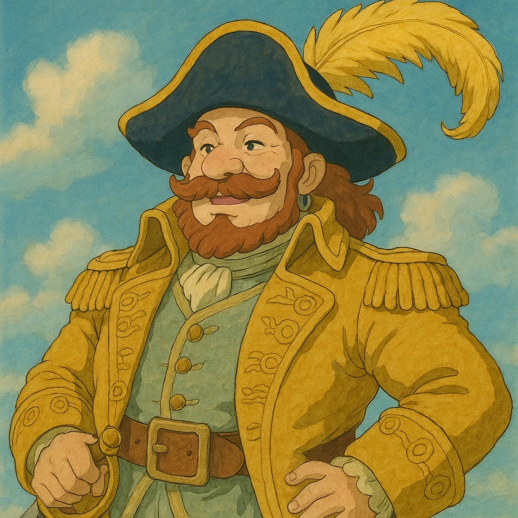 a pirate in a golden uniform and a hat with a golden feather, ghibli style emoji
