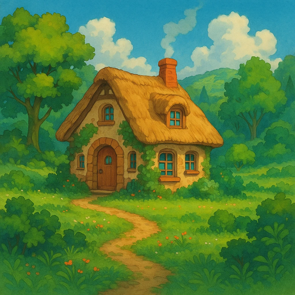 a cozy cottage in a magical landscape with lush greenery in Ghibli style emoji