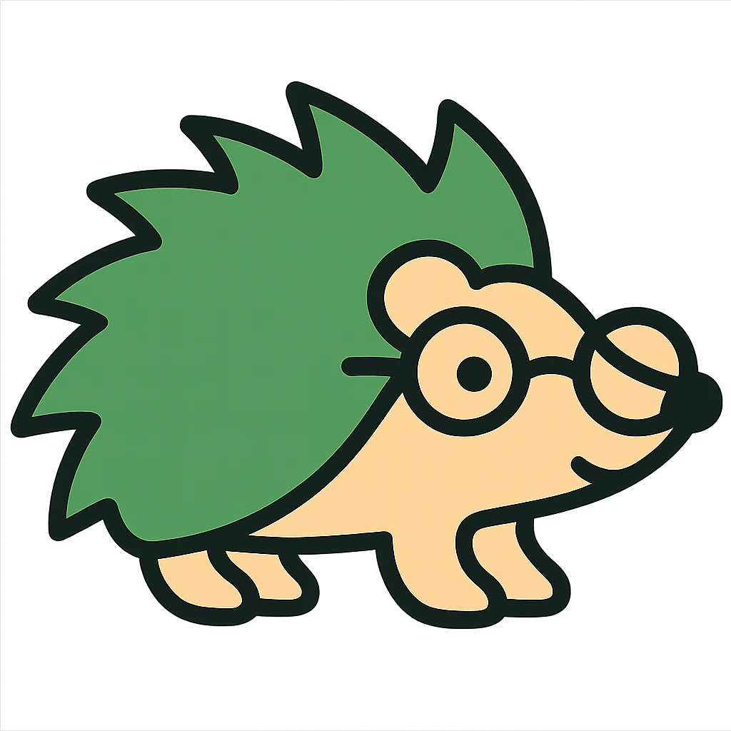 Add glasses to the green hedgehog, modern and friendly style, with transparent background, in Color Outline style, with glasses. emoji