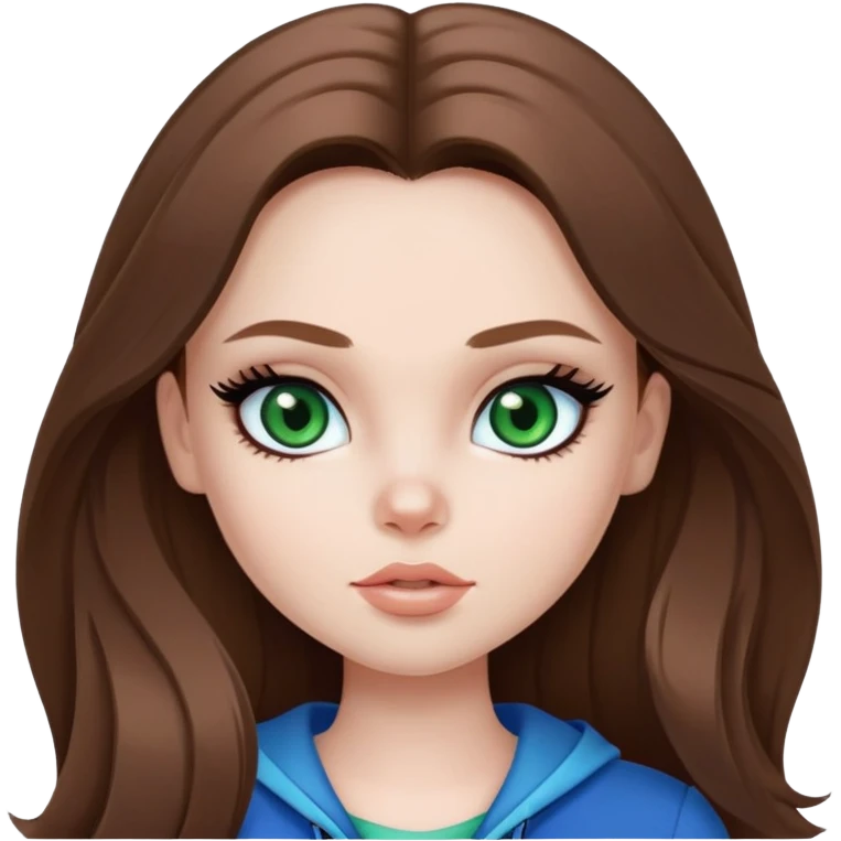 pretty bratz girl, long brown hair, green eyes, black eyeliner, pale skin, blue style emoji