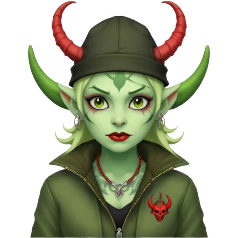 green girl demon with tattoos, hat, jacket and horns emoji
