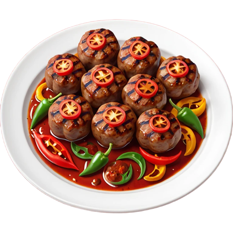 Akçaabat meatballs object icon, grilled Turkish kofte pieces on a plate, smoky char marks, juicy texture, served with grilled peppers and tomatoes, 3D cartoon, mobile game icon style, centered, clean background, no text, no watermark
 emoji