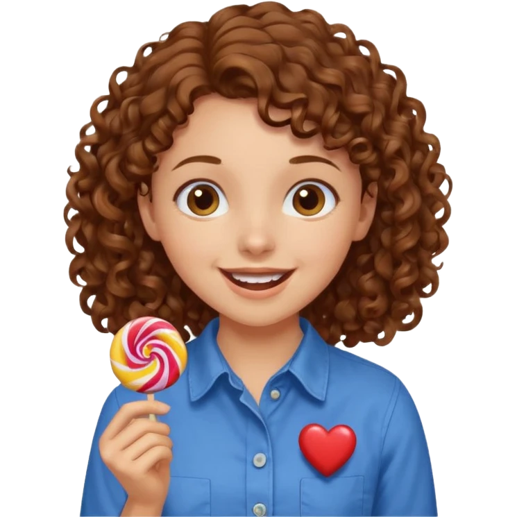 girl with brown curly hair in a blue button-up shirt loving candy excited emoji